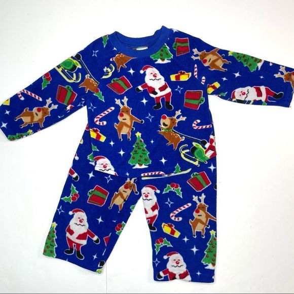 Blue Fleece Santa Claus Christmas Pajama Set - Picture 1 of 6